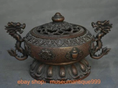 8" Antiguo China Púrpura Bronce Dragón 8 Símbolo Auspicioso Quemador de Incienso Censario Foto 1 de 4