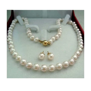 8-9mm Round White Akoya Cultured Pearl 14K Gold Stud Earrings + Necklace 18" AAA - Picture 1 of 4