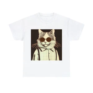 Vintage Style Cat Art T Shirt Unisex Heavy Cotton Tee Pet Lover Hipster NEW - Picture 1 of 25