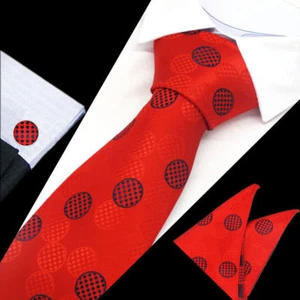 Red 100% Pure Silk Neck Tie Cuff-links & Handkerchief Set Black & Red Circles - Picture 1 of 3