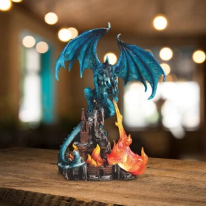 11.75"H Blue Dragon Mouth LED Fire on Castle Statue Fantasy Figurine Room Decor - Picture 1 of 1