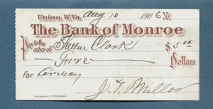Vintage 1906 Bank Check Bank Of Monroe Union WV West Virginia Shelton Clark - Picture 1 of 1