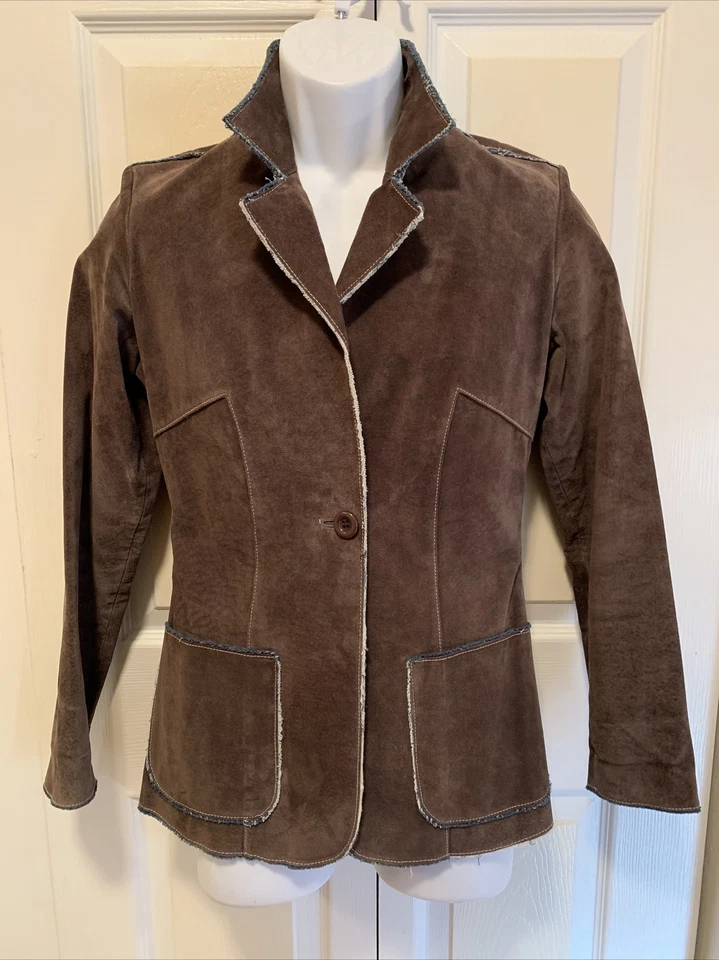 Jane Doe Women's Genuine Brown Leather Denim Jacket Unfinished Seams Size Small - Image 1 of 4