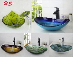 Fregadero de lavabo de vidrio templado ovalado con grifo negro y desagüe - Imagen 1 de 36