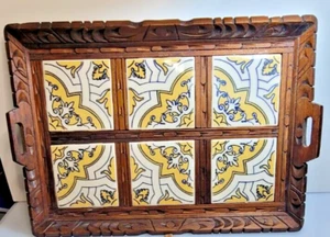 Ornately Hand Carved Decorative Tile Serving Tray Yellow White Blue 19x1.75x13'' - Picture 1 of 4