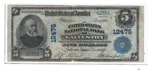 1902 $5 United States National Bank of Galveston, TX Plain Back Ch 12475 - Picture 1 of 2