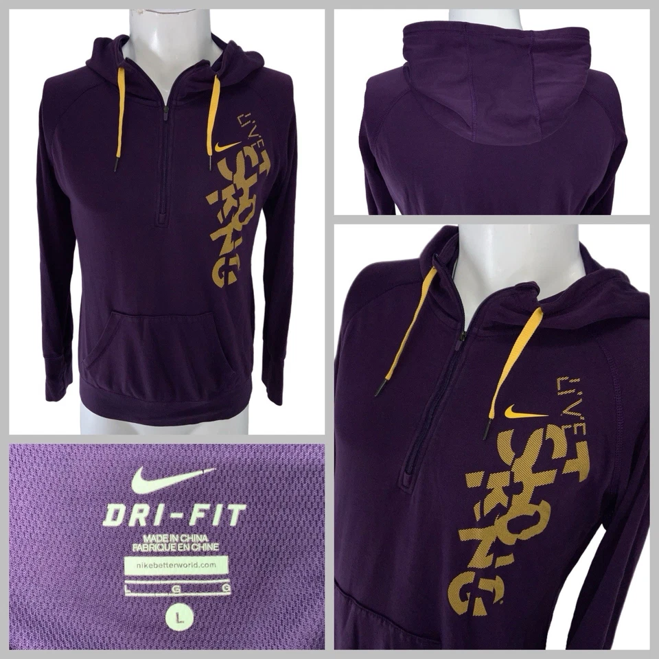 Sudadera con capucha Nike Livestrong 1/4 cremallera para mujer L púrpura amarillo Dri-Fit YGI V5- Foto 1 de 4