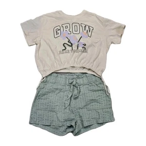 H&M Girls Short Sleeve Flower Cropped Top Green Shorts Outfit Set 12-14 - Picture 1 of 5