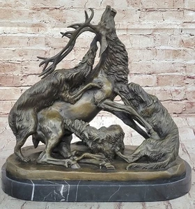 European Bronze Finery Hunting Scene Reindeer and Dogs Sculpture Statue Figure - Picture 1 of 10