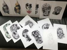 Tattoo Flash Set 12.Black And Grey 10 Laminated Sheets With Line work A4 Size