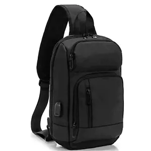 Sling Bag for Men Black Crossbody Bag with USB Charging Port Fits 10.2 inch iPad - Picture 1 of 6