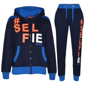 Kids Girls Boys #Selfie Tracksuit Navy Hooded Hoodie Bottom Jogging Suit Joggers - Picture 1 of 7