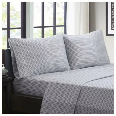 Chevron Printed Microfiber Sheet Set, Grey & White, King  - Image 1 of 3