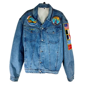 Denim Jacket Sz XL War Patches US Navy OOAK Military Flags Eagle Flag Lined - Picture 1 of 20