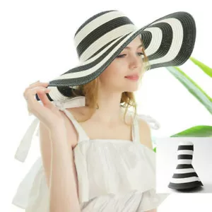 Summer Anti-UV Wide Brim Straw Hat Women Beach Floppy Striped Outdoor Cap - Picture 1 of 28
