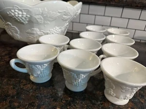Colony Harvest Grape Paneled Milk Glass Punch Bowl & 10 Cups - Picture 1 of 7