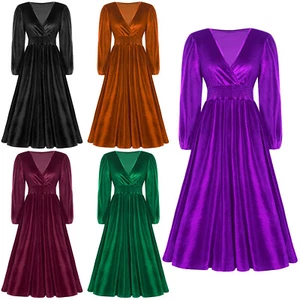 Abendkleider Elegant Damen Langarm Samtkleid V-Ausschnitt Festlich Winterkleid  - Bild 1 von 52