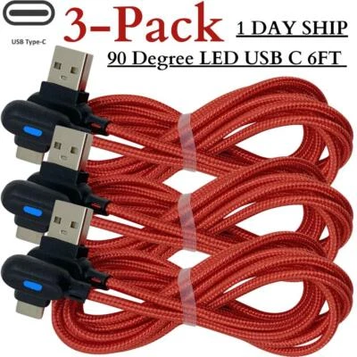 Paquete de 3 cables de carga rápida USB C de ángulo recto de 90 grados cable tipo C de 6 pies para Samsung Foto 1 de 4