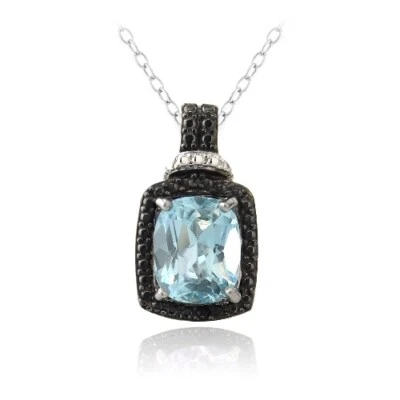 925 Silber 4ct Blauer Topas & Schwarz Diamant Akzent Rechteckig Halskette, - Bild 1 von 3