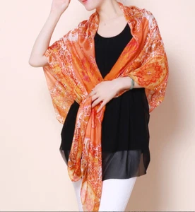 100% Silk large Chiffon Scarf Women neckerchief Shawl Wrap Floral orange JH25 - Picture 1 of 6