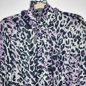 ISABELLA RODRIGUEZ Woman's M Animal Print Purple TOP RUFFLE Long Sleeve READ - Picture 1 of 11