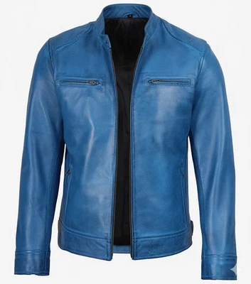 Chaqueta estilo motociclista azul envejecido de cuero real para hombre Foto 1 de 4