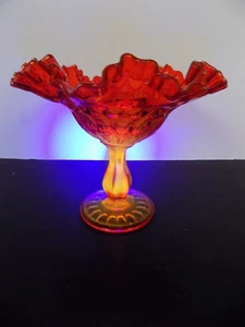 FENTON THUMBPRINT AMBERINA PERSIMMON CADMIUM GLASS 7" HIGH RUFFLED RIM COMPOTE - Picture 1 of 11
