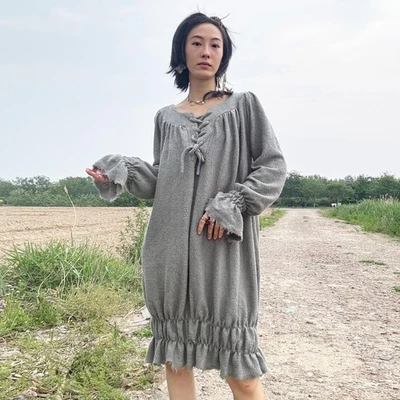 Shaggy Ruffle Dress: Handmade Moss Green Cotton Knit - Image 1 of 4