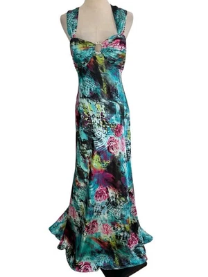 Vtg Y2K Blondie Nites Satin Gown Roses Teal Backless Rhinestones Sz 11 Prom Hoco - Image 1 of 4