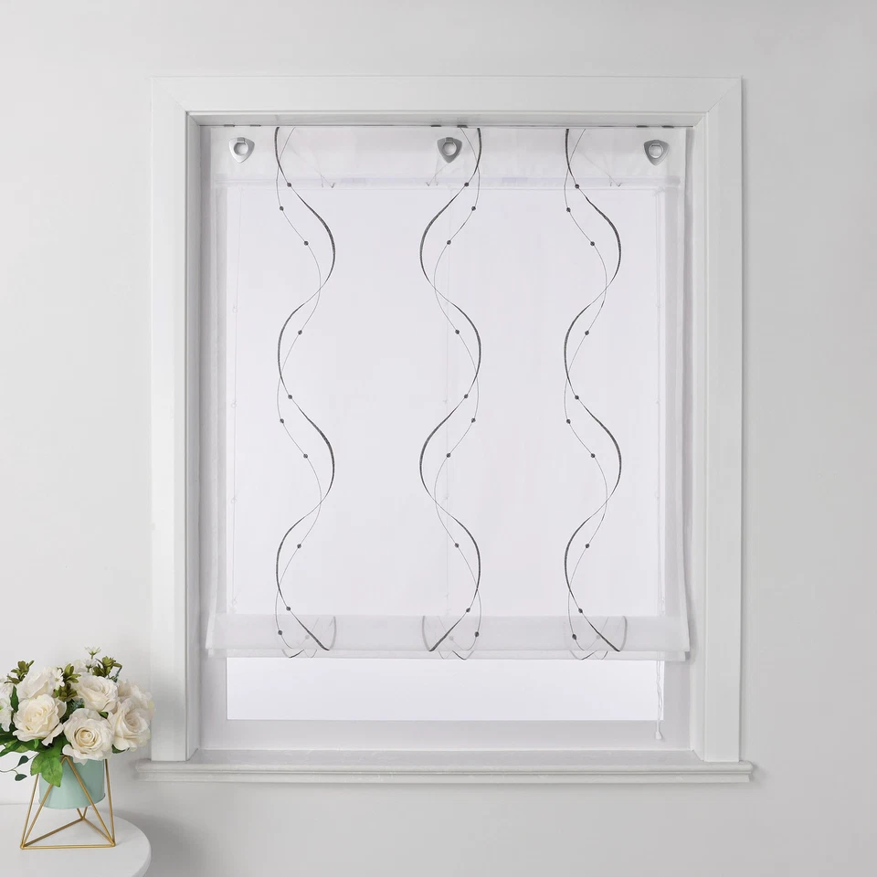 Raffrollo mit Ösen Bestickt Raffgardinen Küche Gardinen Voile Transparent Modern - Bild 1 von 4