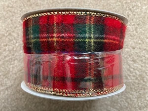 HOLIDAY Red Multi Wool-like Plaid Wired Ribbon w/Gold Edge 10 Yds - Bows/Garland - Picture 1 of 2