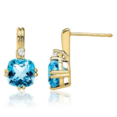 10K Solid Yellow Gold Cushion-Cut Swiss Blue Topaz Diamond Dangle Earrings - Image 1 of 4