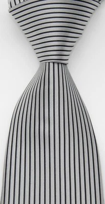 Nova gravata masculina clássica listrada prata preta tecido jacquard 100% seda - Imagem 1 de 2