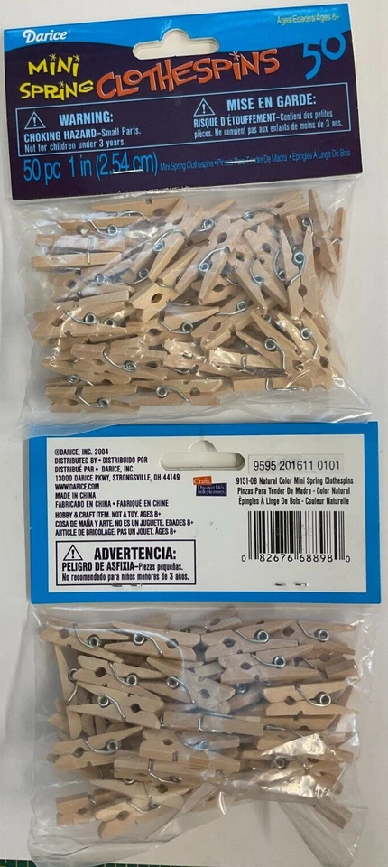 DARICE #9151-08 MINI-SPRING CLOTHESPINS-NATURAL COLOR 1"- 2 PACKS OF 50 PER SET