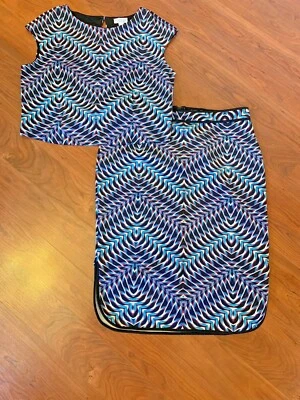 Bisou Bisou Womens 2 Piece Stretch Knit Cropped Top & Skirt Teal Multicolor Sz L - Image 1 of 4