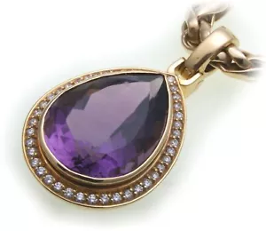 Pendant Amethyst Real Gold 750 Brilliant 0,42 CT 18kt Diamond Solid Yellow Gold - Picture 1 of 2