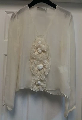 YSL Yves Saint Laurent Solid White Silk Top Embroidered Flowers Blouse Size S - Image 1 of 4