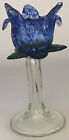 Art Glass Handblown Candle Holder, Flower w/ Blue Swirls, Emerald Green Leaves, 