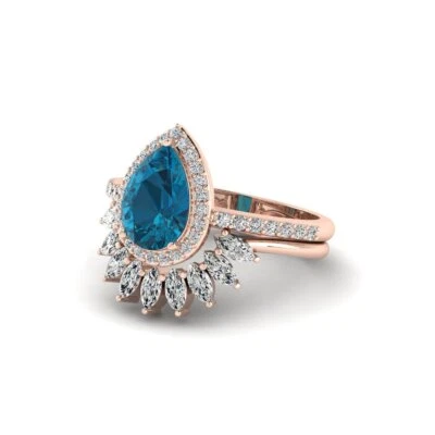 Pear Shaped London Blue Topaz Wedding Bridal Ring Set Rose Gold Engagement Ring - Image 1 of 4