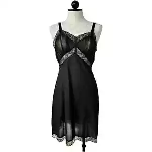 Vintage Feminine Slip Lace & Sheer Pleated Midi Black Size M/L - Picture 1 of 10