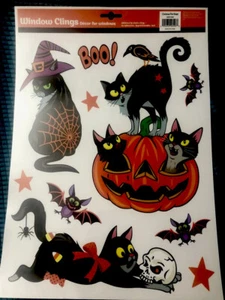 Ventana de Halloween pega gatos dibujos animados, calabaza abucheo, iconos de Halloween - Imagen 1 de 2