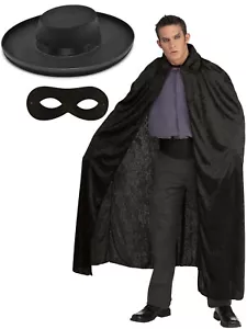 Zorro Español Superhéroe Bandido Salteador Elegante Vestido Sombrero, Máscara, Capa de Terciopelo Set - Imagen 1 de 7