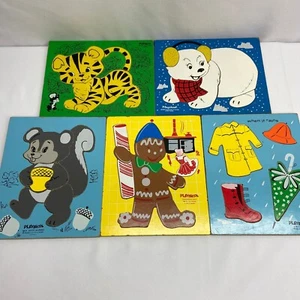 5 Vintage PLAYSKOOL Wooden Puzzles Animals Squirrel Polar Bear Gingerbread Man - Picture 1 of 6