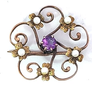 Filigree Estate Victorian Vintage Antique Pearl Amethyst 10K Yellow Gold Pin - Picture 1 of 8