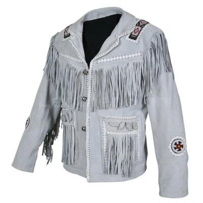 Chaqueta de cuero con flecos de gamuza de vaquero occidental para hombre Chaqueta de cuero nativo americano con cuentas Foto 1 de 4