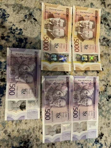 Jamaica 500 And 5000 Dollar Polymer Notes 2022 Series Circulated 11500 Dollars Cover