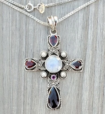 Collar Nicky Butler Plata Esterlina Cruz Colgante NB Granate Piedra Lunar y Perla  Foto 1 de 4