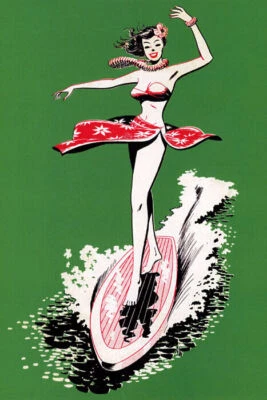 HAWAII BEACH SURF GIRL SURFING TRAVEL TOURISM USA VINTAGE POSTER REPRO - Image 1 of 3