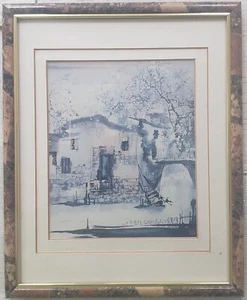 Antique Asian Ink wash painting with Stone Building framed measures 11" by 9" - Picture 1 of 2