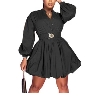 Womens Button Down Shirt Dress Long Sleeve A-Line Casual Puffy Short Mini Dre... - Picture 1 of 4